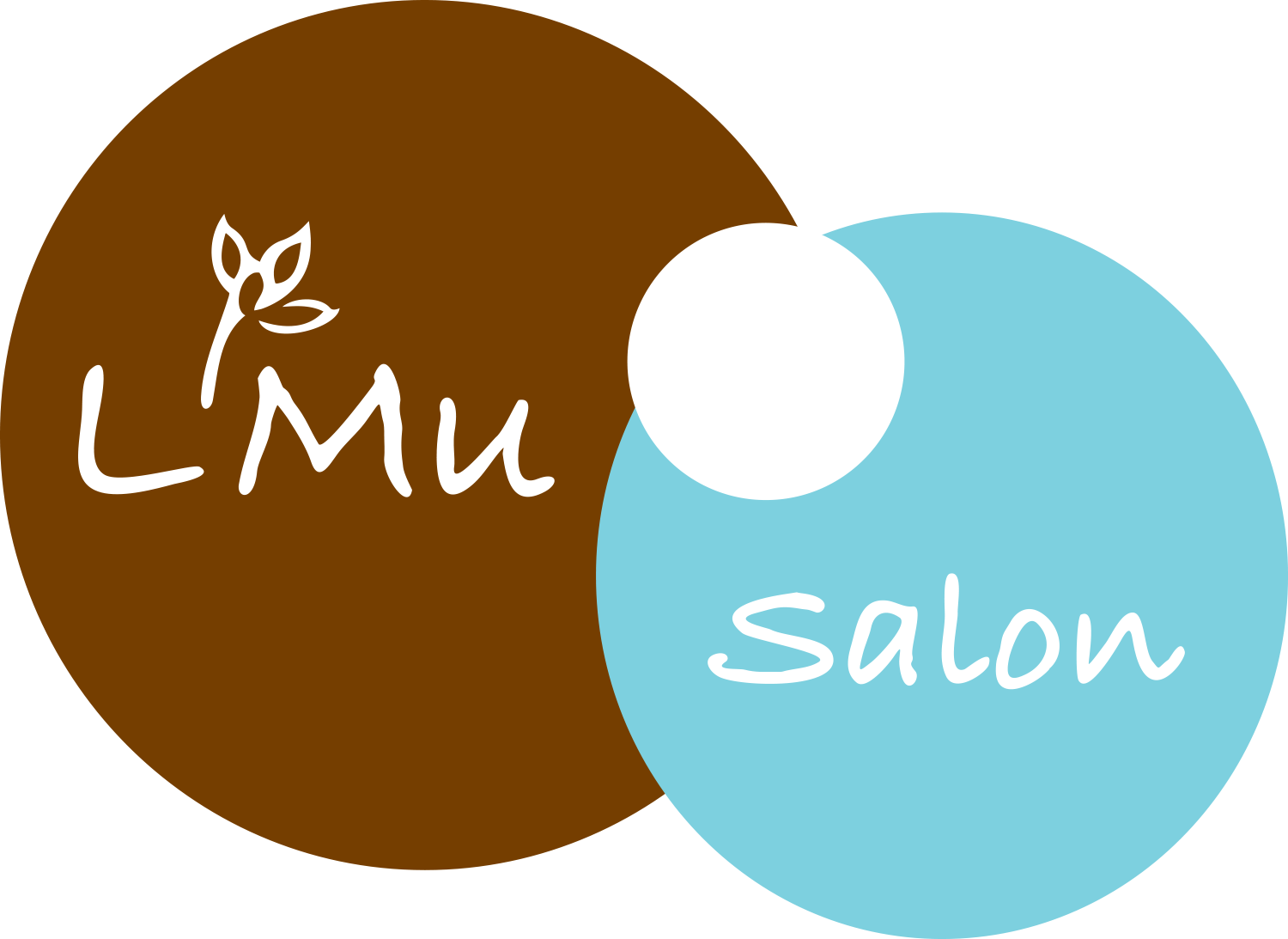 L'Mu Salon logo with brown and blue circles.